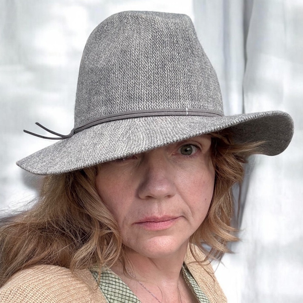 Boho Minimalist Fedora Hat OS Gray Knit Textured Wide Brim Chic Packable